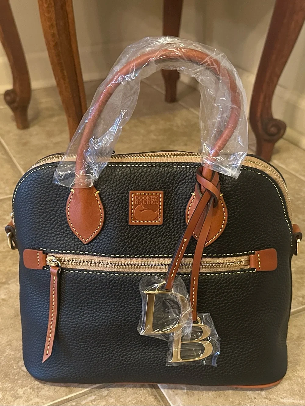 NWT Dooney & Bourke Black Pebble Leather Domed Satchel Handbag
